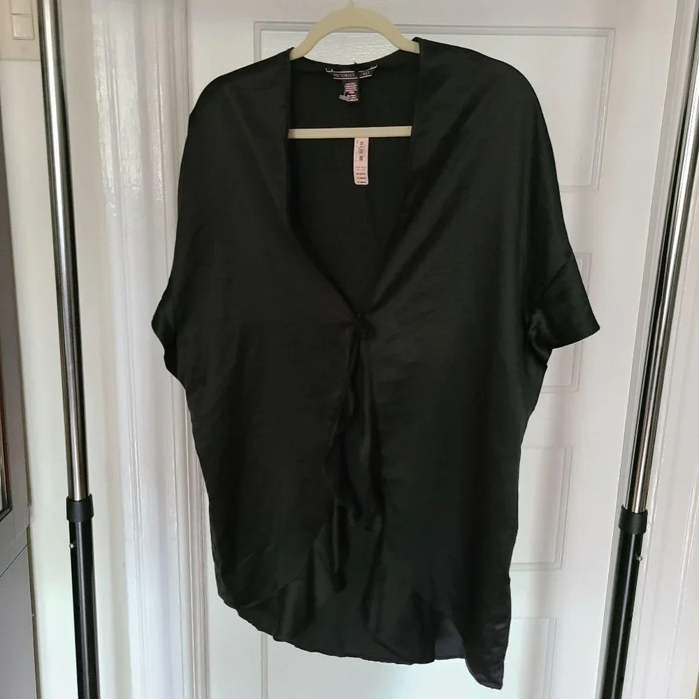 Victoria's Secret Women's Satin Silk Ruffle Sleeve Mini Black Robe One Size NWT